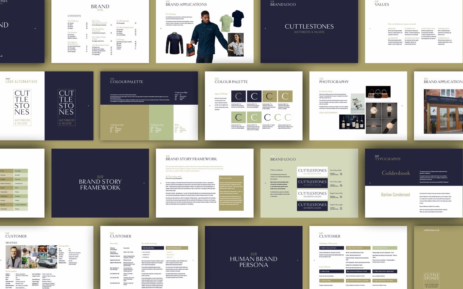Pages from a completed brand guidelines document, covering logo, colour, typography and applications.