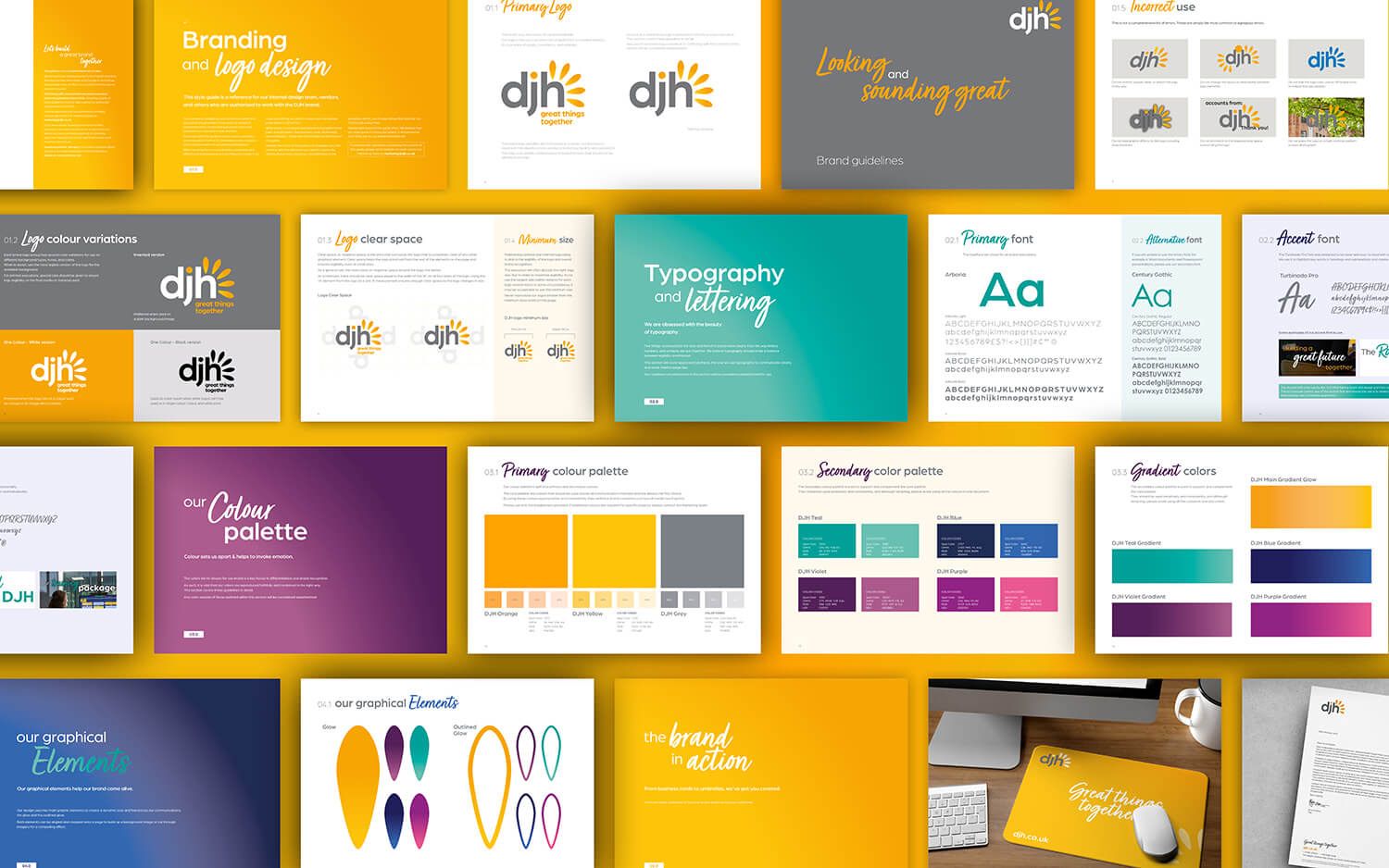An overview of the DJH brand guidelines, showing logo, colour, typography and application pages.