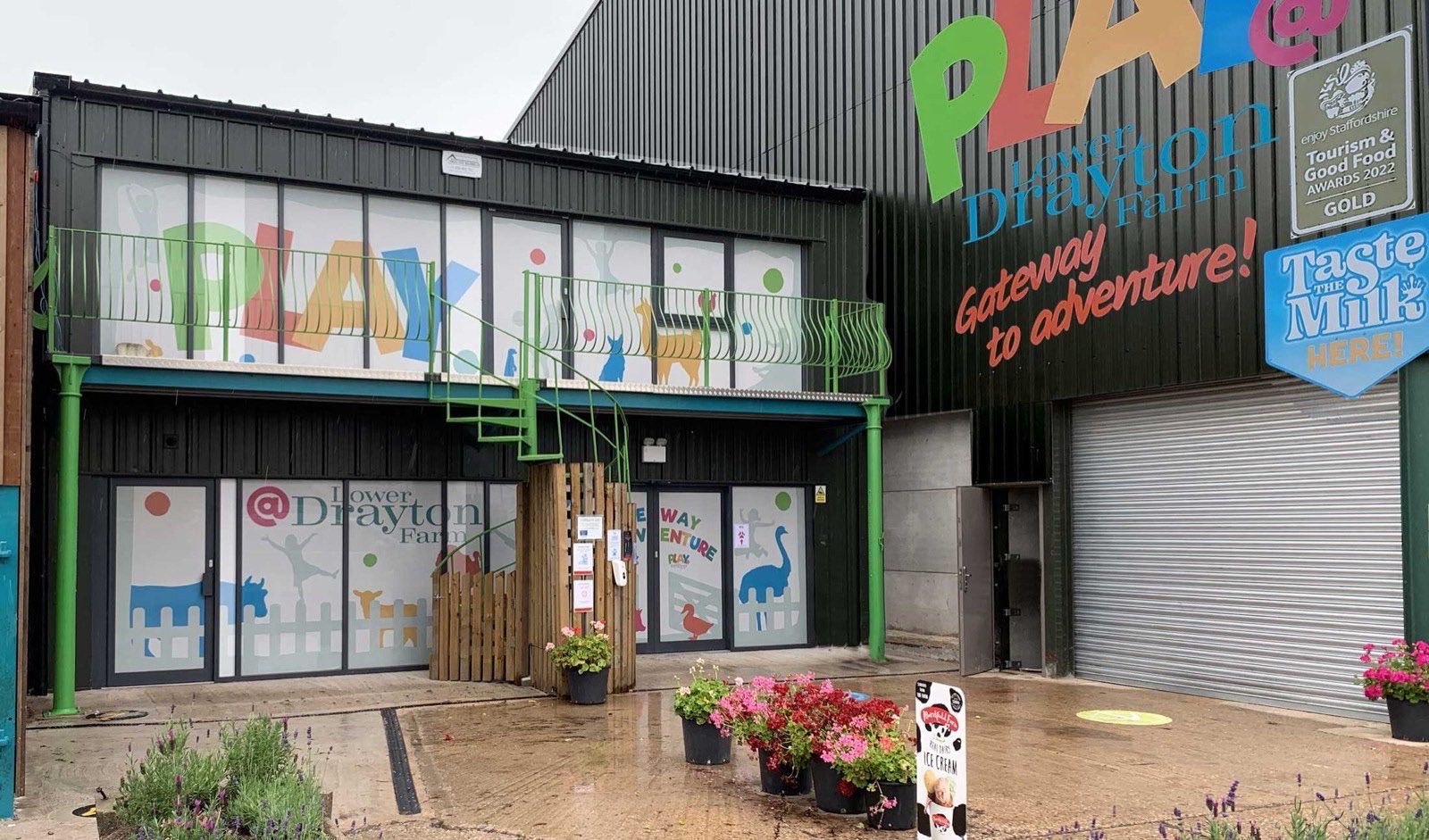 External signage for PLAY@ Lower Drayton Farm, designed to be read from the roadside.