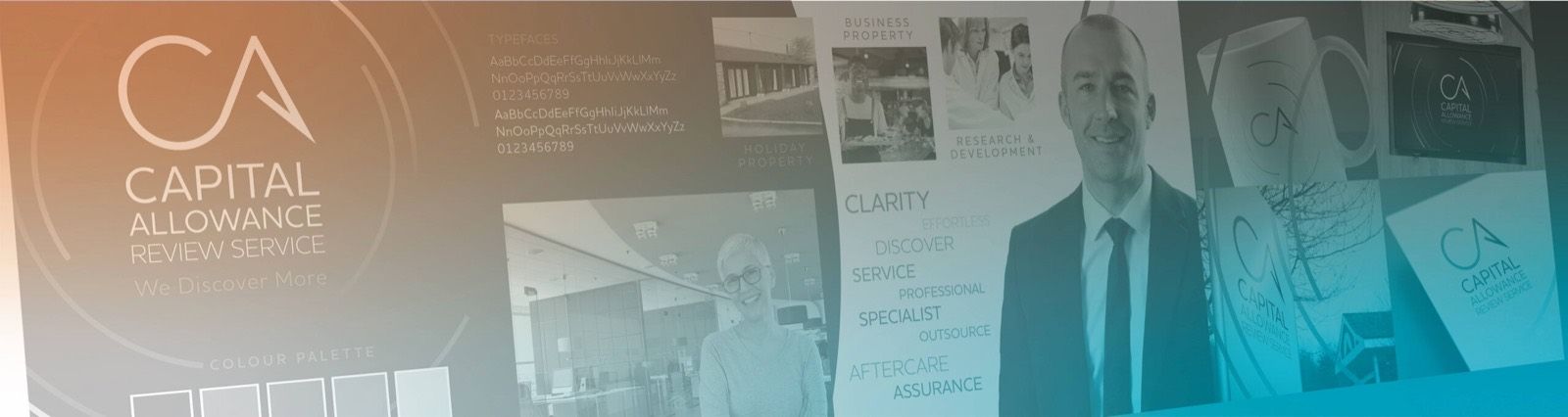 A finished brand identity shown across logo, colour palette and applications.